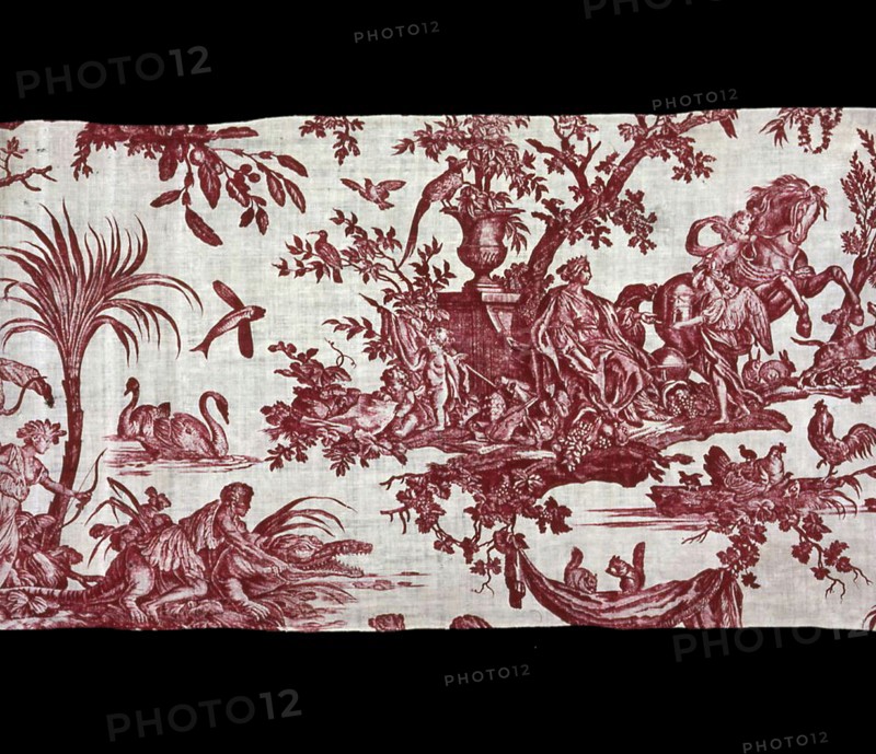 Les Quatre Parties du Monde (Four Quarters of the Globe) (Furnishing Fabric), France, c.1794. Indigenous people with a crocodile or alligator; flying fish, swans and squirrels; Cupid presenting a miniature building to a woman in a crown. Designed by Jean Baptiste Huet, Engraved by Johann Elias Ridinger, manufactured by Christophe-Philippe Oberkampf.