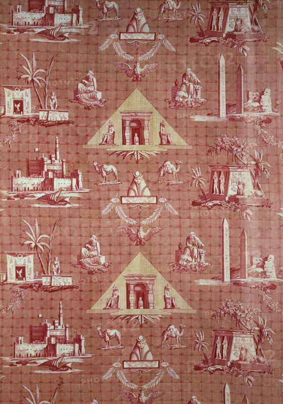 Les Monuments d'Egypte (The Monuments of Egypt), furnishing fabric, France, c. 1800. Designed by Jean Baptiste Huet. Christophe Phillipe Oberkampf (producer), Louis François Cassas (painter), Pagelet (engraver), Pierre Gabriel Berthault (engraver)