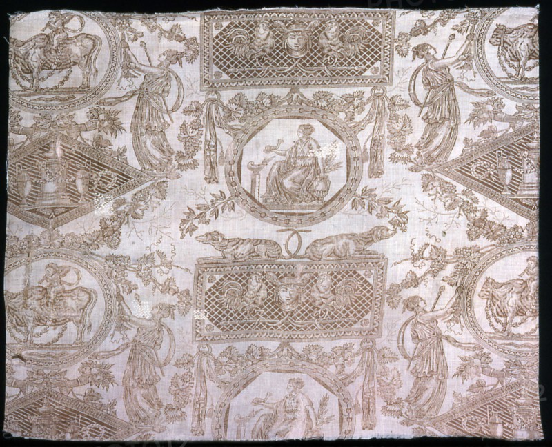 Panel (Furnishing Fabric), France, 1805. Pattern inspired by ancient Roman and Greek art. Designed by Jean Baptiste Huet, manufactured by Christophe Phillipe Oberkampf.
