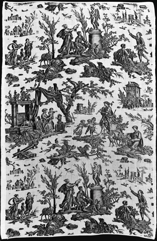 Le Sacrifice à l'Amour (Offrande à l'Amour) (Furnishing Fabric), France, c. 1795. Sacrifice/offering to Love: rustic scenes with shepherd and shepherdess offering a lamb before a statue of Cupid; bagpiper with dancing children; woman and child with dog, cat and baby in cradle. Designed by Jean Baptiste Huet, manufactured by Christophe Phillipe Oberkampf