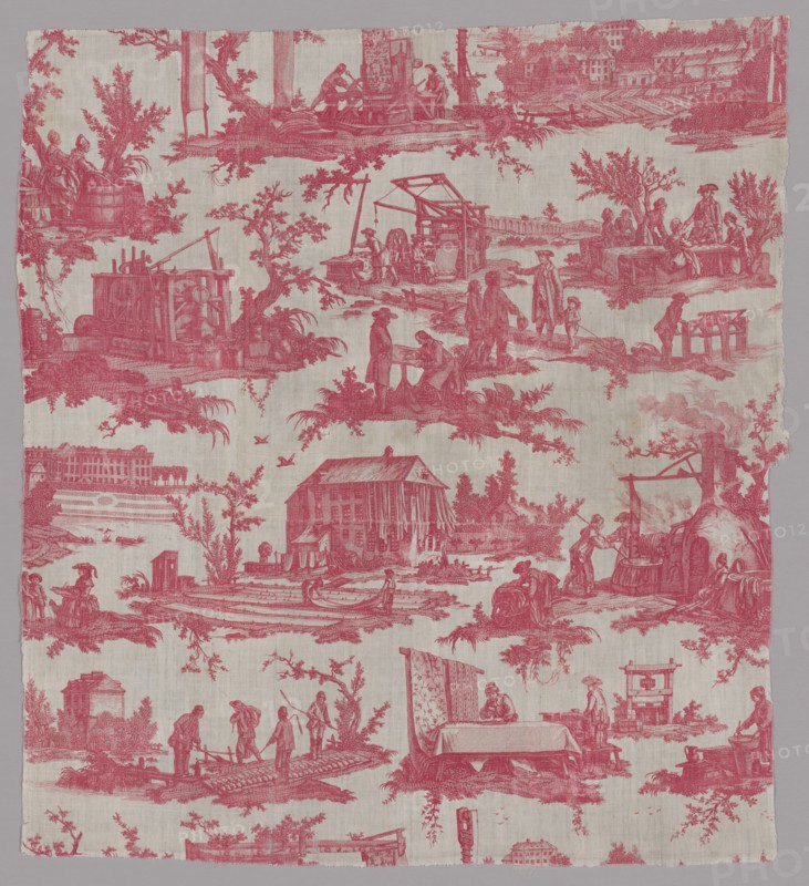 Les Travaux de la Manufacture (The Activities of the Factory) (Furnishing Fabric), France, 1783/84. Dyeing and printing of mass-produced textiles. Designed by Jean Baptiste Huet, manufactured by Oberkampf Manufactory.