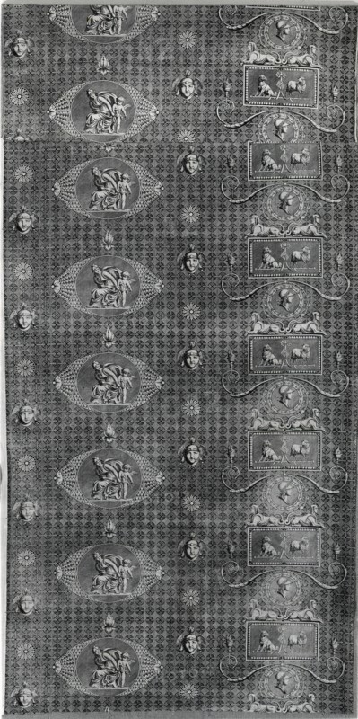 L'Amour Vainqueur (Love Triumphant) (Furnishing Fabric), France, c.1804. Neoclassical design with sheep, wolf, sphinxes, Venus and Cupid.  Designed by Jean Baptiste Huet or Hippolyte Lebas, manufactured by Christophe Phillipe Oberkampf.