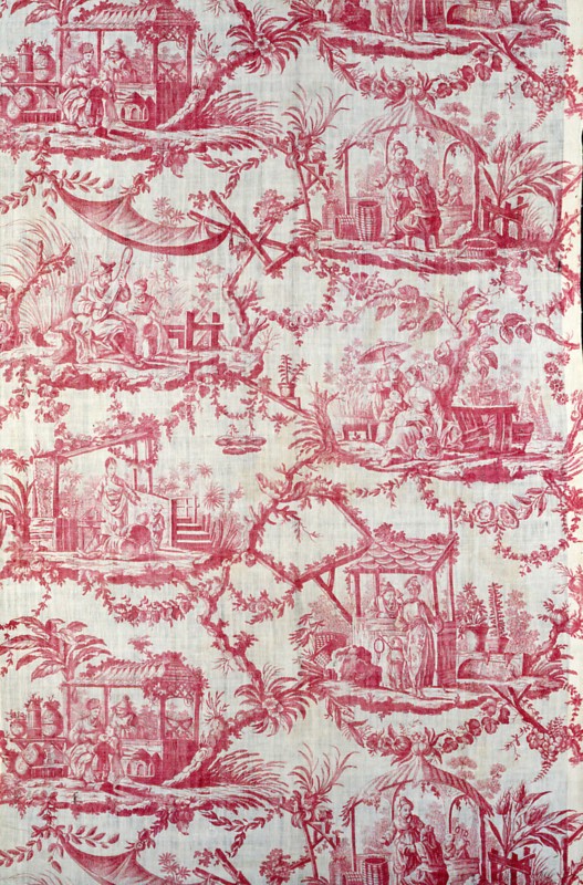 Chinoiseries (Furnishing Fabric), France, c. 1780. Chinese-influenced pattern, floral print with vignettes of people. Designed by Jean Baptiste Pillement after engravings by Pierre Charles Canot, Manufactured by Christophe Phillipe Oberkampf.