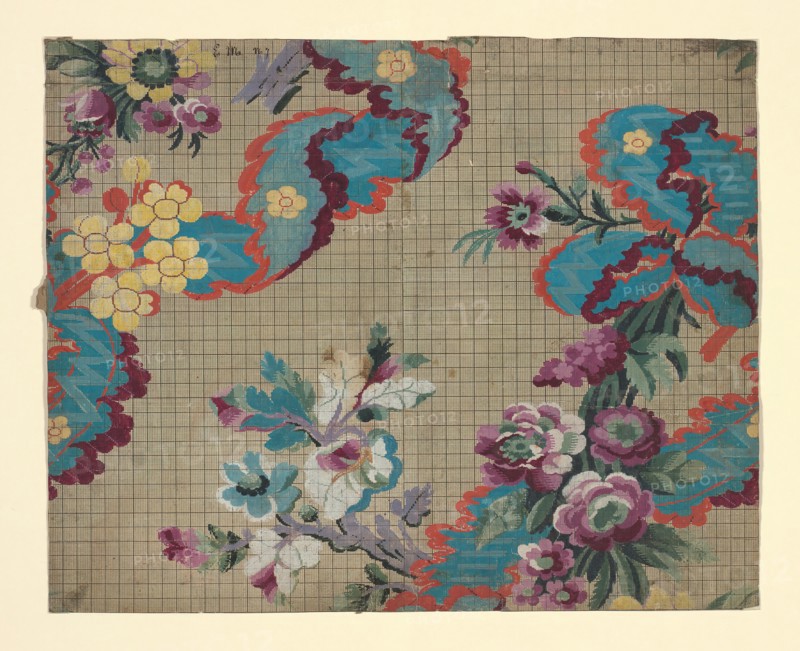 Mise-en-carte (Point-paper), France, 1764. Preparatory technical drawing for a patterned silk, instructions for the weaver.