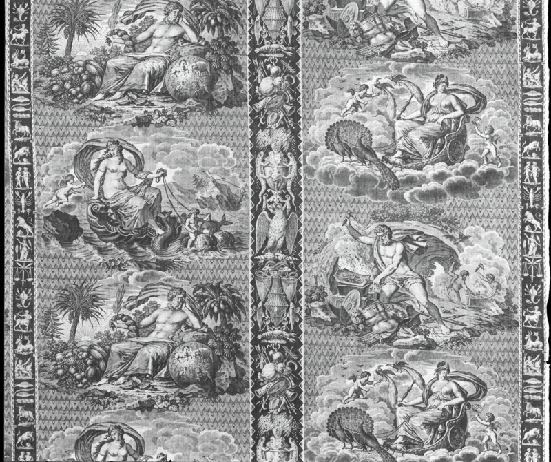 The Elements (Furnishing Fabric), Munster, c. 1810. Vulcan at his forge representing Fire; sea goddess on a shell pulled by dolphins representing Water; chariot pulled by peacocks representing Air; male god surrounded by fruit and vegetables representing Earth. Designed by Bonaventure M. Lebert, manufactured by Hartmann et Fils.