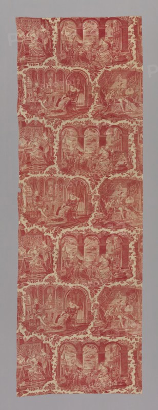 Furnishing Fabric, France, 1827/40. 'Leceister visitant Amy Robsart, [Robert Dudley, 1st Earl of Leicester visiting Amy Robsiart]. Marie Stuart et son secretaire, [Mary, Queen of Scots and her secretary David Rizzio], Belinde a sa toilette [Belinda at her toilette], Othello racontant l'histoire de sa vie [Othello telling the story of his life]. Designed by Philippe Wyngaert after engravings by Jean-Pierre-Marie Jazet and paintings by Henri Jean-Baptiste Fradelle.