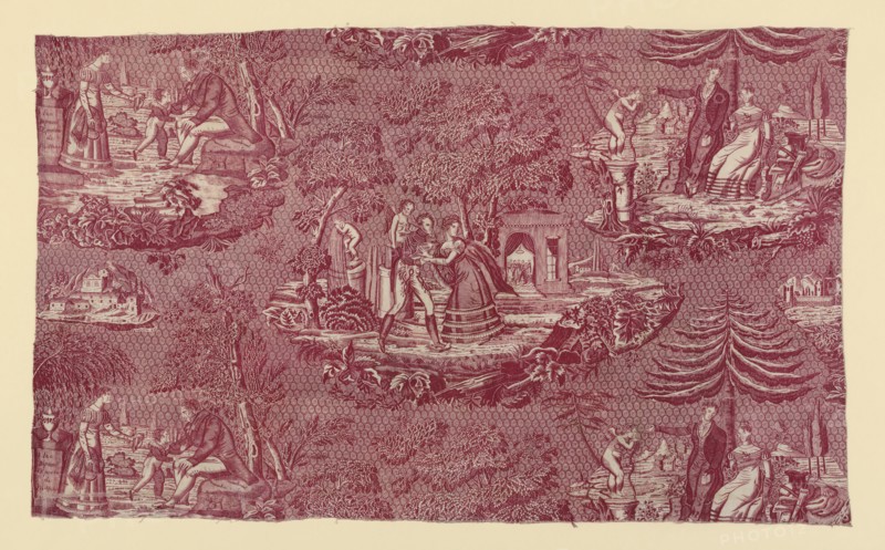 Panel (Furnishing Fabric), France, c. 1820. Pattern of couples in garden settings. One of the vignettes shows a funerary monument inscribed 'Ici Repose l'Epouse de Fiz-Henri', [Here lies the wife of Fiz-Henri]. Designed by Philippe Wyngaert.