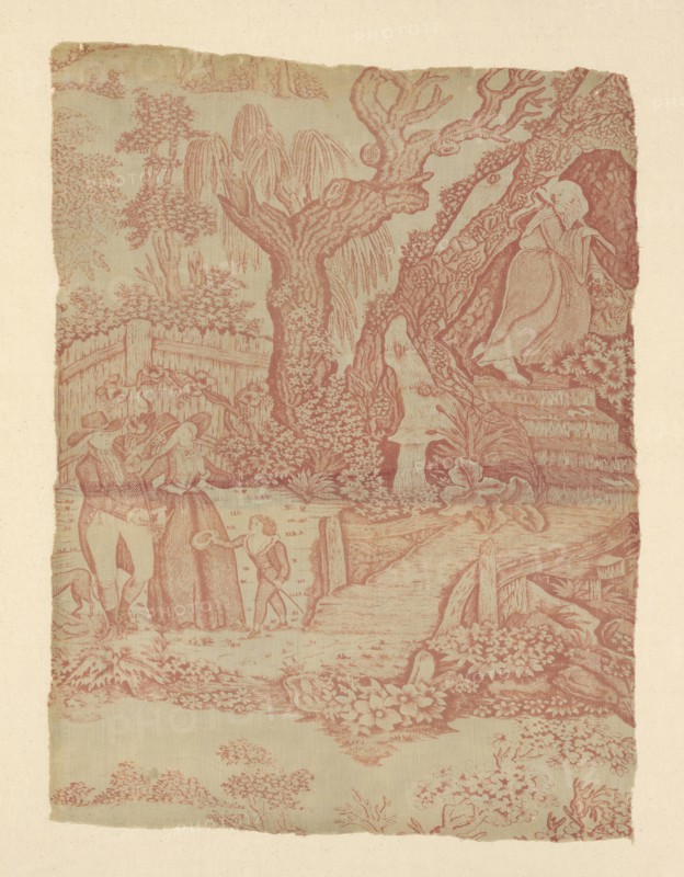 Changing Seasons (Furnishing Fabric), England, 1789/90. Saint or hermit by a waterfall, a family walking in the countryside.
