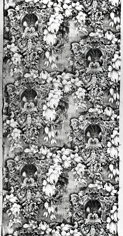 Panel (Furnishing Fabric), England, c. 1830. Floral print with Gothic church motif.