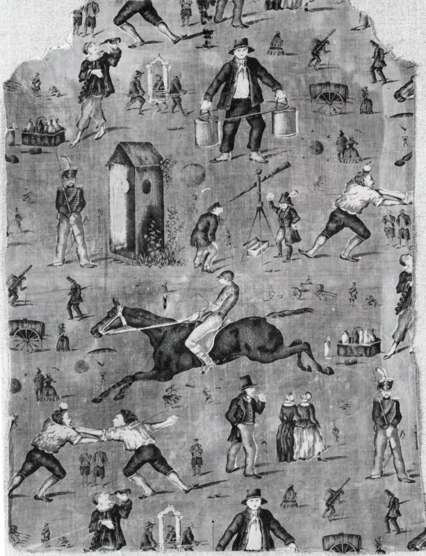 Panel (Furnishing Fabric), England, c. 1820. Occupations and pastimes: astronomy, duelling, horseracing, sentry duty, itinerant vendor.