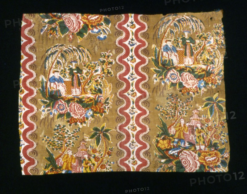 Fragment (Furnishing Fabric), England, c. 1825. Floral print with vignettes of people.
