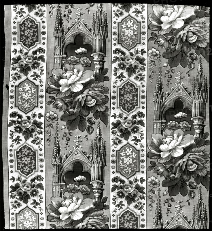 Fragment (Furnishing Fabric), England, 1830/40. Floral print with gothic church motif.