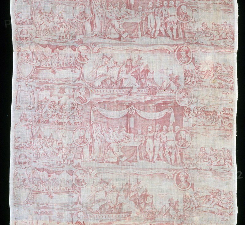 The Gallant Decatur and His Brave Tars Capturing the Algerine Admiral (Furnishing Fabric), England, c. 1820. Scenes from the Second Barbary War: American naval officer Stephen Decatur captured the flagship of the Algerian fleet at the Battle off Cape Gata.