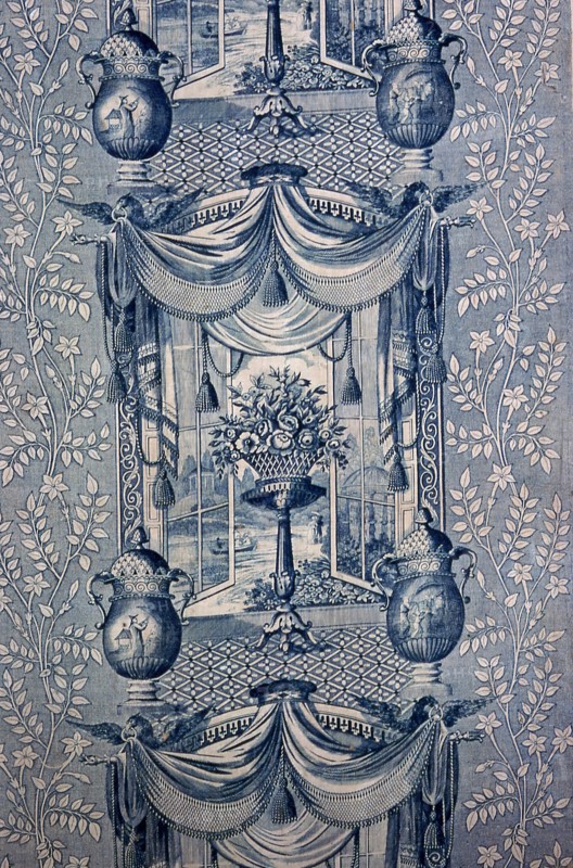 Panel (Furnishing Fabric), England, c. 1820. Chinese-inspired design, window and tasselled curtains.