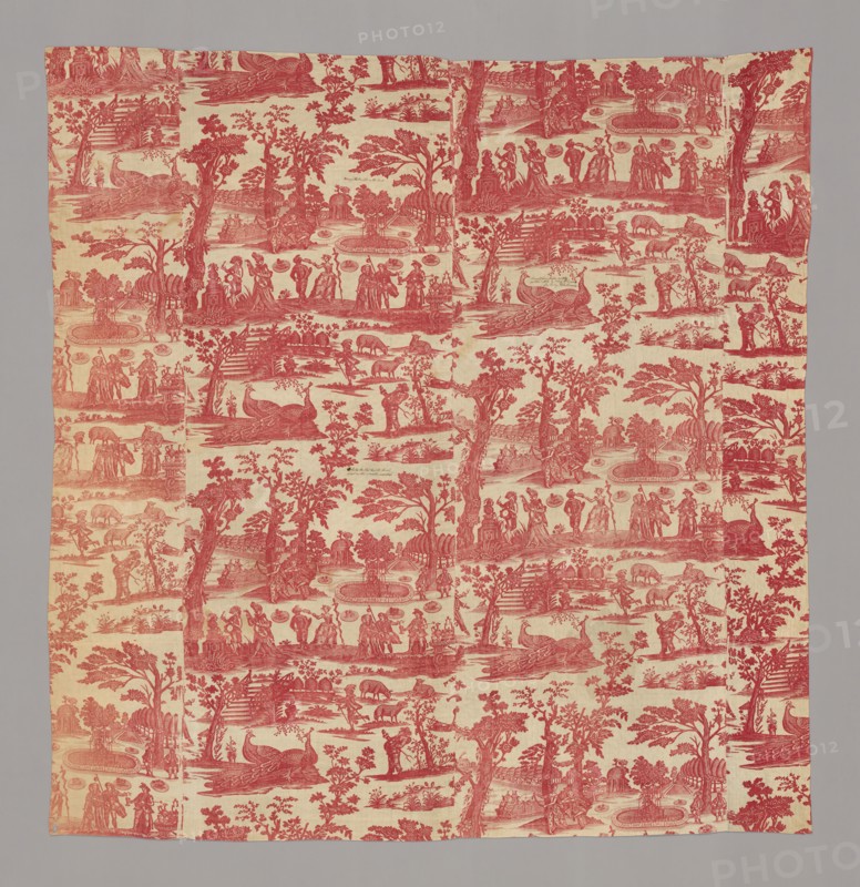 Commedia del'Arte (Furnishing Fabric), England, before 1784. Characters and musicians including Pulcinella; peacocks, sheep and beehives; musicians; a garden with a fountain.