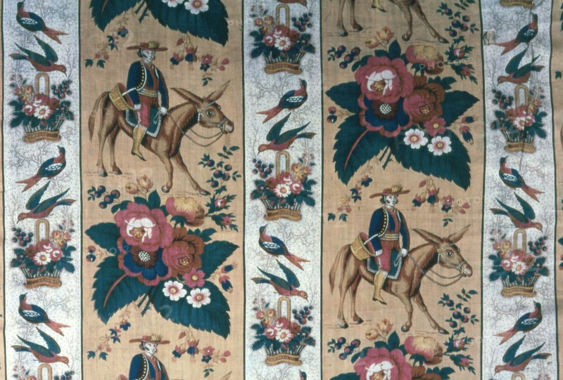 Panel (Furnishing Fabric), England, c. 1850. Floral print with man on a donkey motif.
