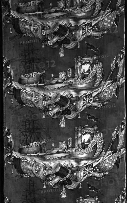 The Battle of Navarino (Furnishing Fabric), England, c. 1827. Sailing ship and galley.