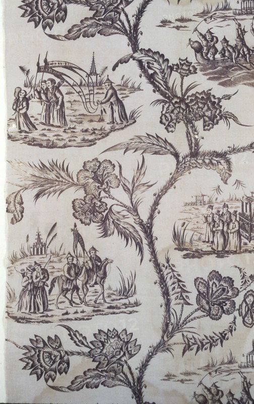 Panel (Furnishing Fabric), England, c. 1770/80. Floral print with Chinese-inspired vignettes.