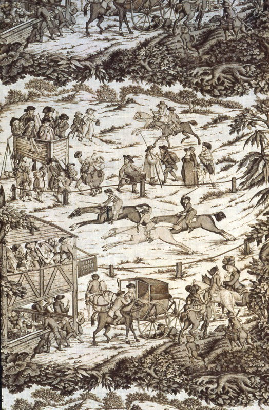 The Turf Inn (Furnishing Fabric), England, c. 1785. Horseracing: spectators; jockeys and horses; carriages arriving at the tavern.