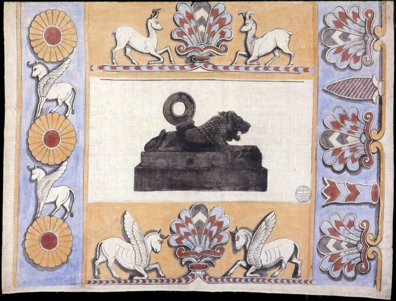Panel (Furnishing Fabric), London, 1852. Floral print with deer, winged horses and lion.