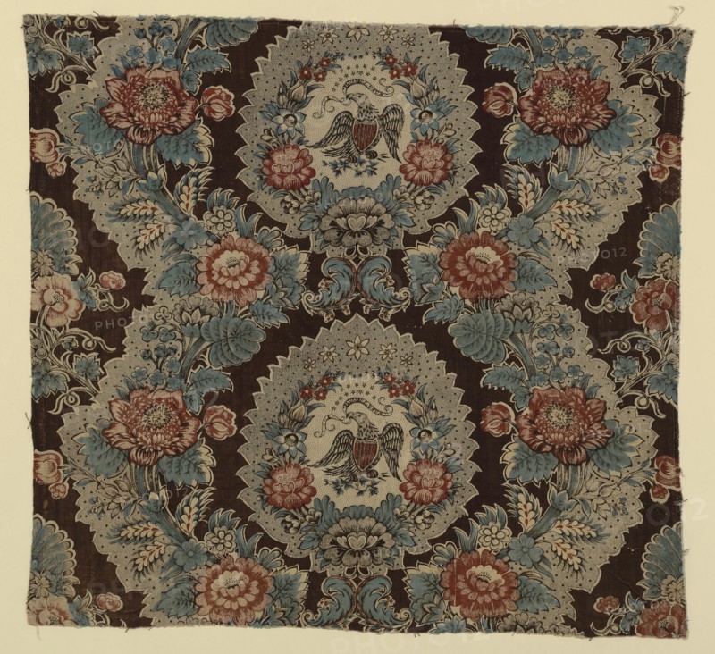 E Pluribus Unum (From the Many, One) (Furnishing Fabric), Manchester, 1825/35. Floral print with American eagle.