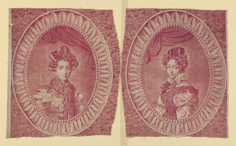 Panels (Furnishing Fabric), Munster, c. 1830. Two fragments featuring young women with elaborate hairstyles. Engraved by François Pieters, manufactured by Hartmann et Fils.