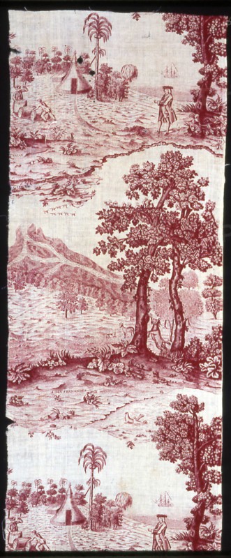 Tenian (Furnishing Fabric), Middlesex, c. 1785. Scenes in Tinian, Northern Mariana Islands, Micronesia. Engraved by Herman van Swanelvelt after George Anson, manufactured by Bromley Hall.