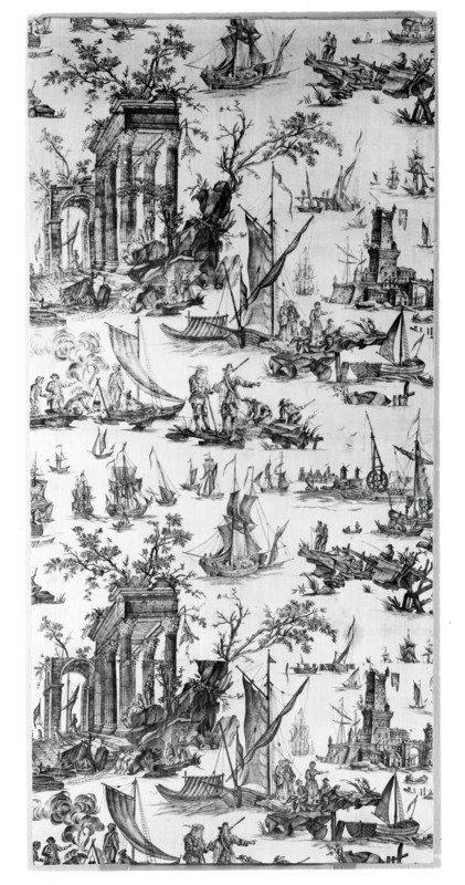 Le Port de Mer (The Seaport) (Furnishing Fabric), Nantes, c. 1780. Engraved by Jean Jacques Le Veau