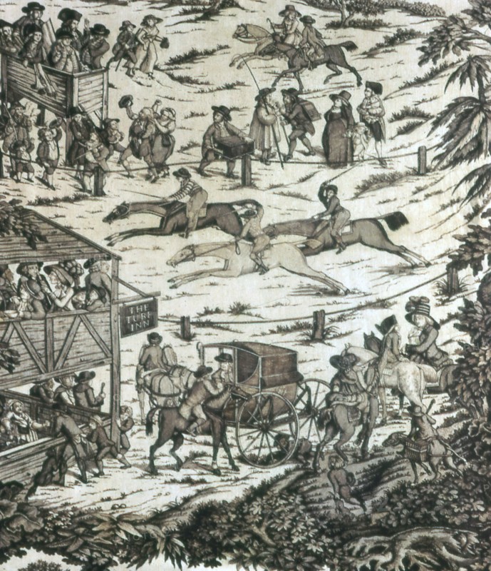 Horseracing at the Turf Inn (Furnishing Fabric), England, c. 1780. Horseracing: spectators; jockeys and horses; carriages arriving at the tavern. Engraved by John Williams Edy after John Nost Sartorius.