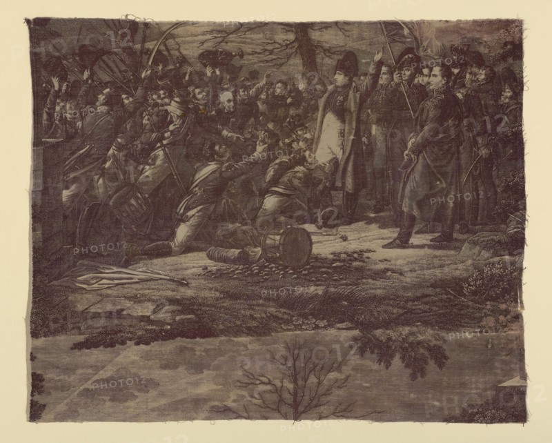 Le Retour de L'Ile d'Elbe (The Return from the Isle of Elba) (Furnishing Fabric), Nantes, c. 1830. Napoleon is welcomed by adoring troops on his return from exile. Engraved by Samuel Cholet after lithographs by Nicolas Toussaint Charlet, manufactured by Favre- Petitpierre et Cie.
