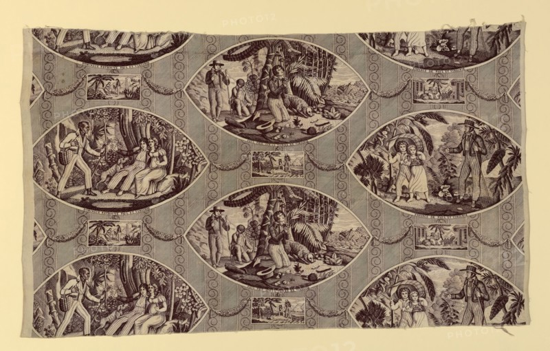 'Paul and Virginie', Furnishing Fabric, France, after 1818. Engraved by Tony Johannot and others after works by Jean Michel Moreau and Jean Frederic Schall, based on the story by Bernardin de Saint-Pierre, manufactured by Oberkampf Manufactory.