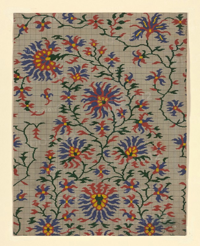 Mise-en-carte (Point-paper), France, 1760/90. Preparatory technical drawing for a patterned silk, instructions for the weaver.
