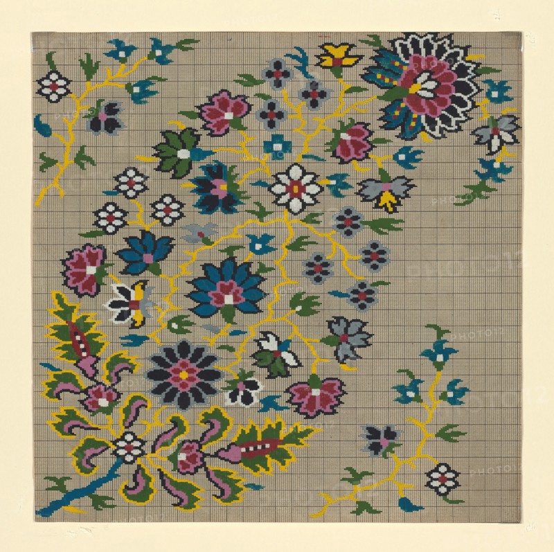 Mise-en-carte (Point-paper), France, 1760/90. Preparatory technical drawing for a patterned silk, instructions for the weaver.