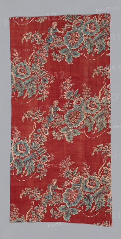Eros Gathering Flowers (Furnishing Fabric), Bolbec, c. 1800. Floral print with motifs of bow and quiver, and the god of love picking flowers.