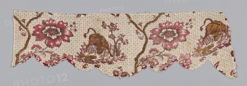 Valance (Furnishing Fabric), France, 1780/1800. Floral print with bull and dog motif.