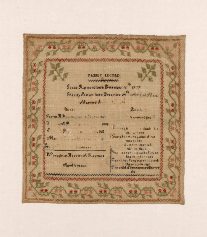 Sampler, United States, c. 1819. 'Family Record'. The maker was aged 15.
