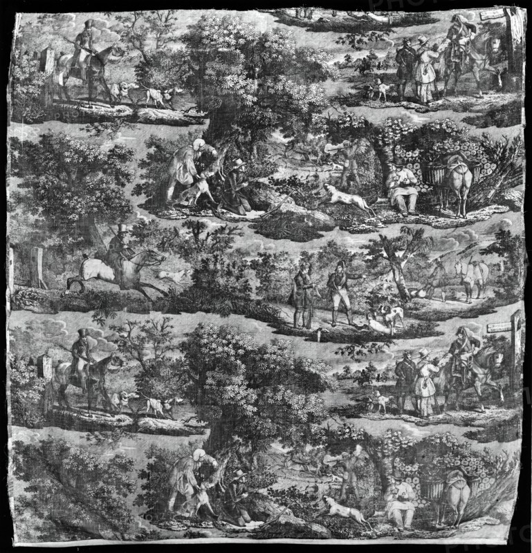 La Chasse à Rouen (Hunting at Rouen) (Furnishing Fabric), Rouen, 1840. Deer hunting: huntsmen shooting a stag, deerhounds. Designed by Horace Vernet.