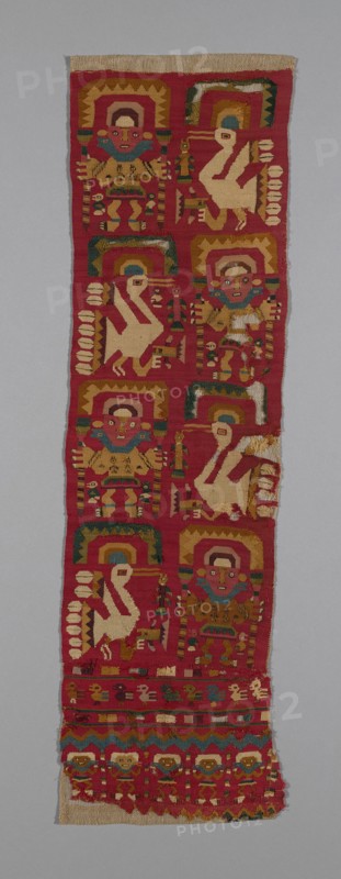 Panel, Peru, 1000/1476. Human figures and birds wearing crescent headdresses.