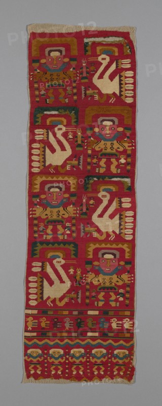 Panel, Peru, 1000/1476. Human figures and birds wearing crescent headdresses.