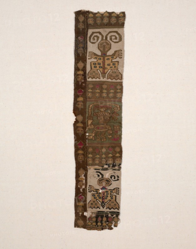Fragment, Peru, A.D. 1000/1476. Bird-headed anthropomorphic figure holding a ceremonial knife (tumi), performing human sacrifice. The amphibian-butterflies may allude to metamorphosis or hallucinogens involved in the sacrificial ritual. The borders depict trophy heads or bound captives.