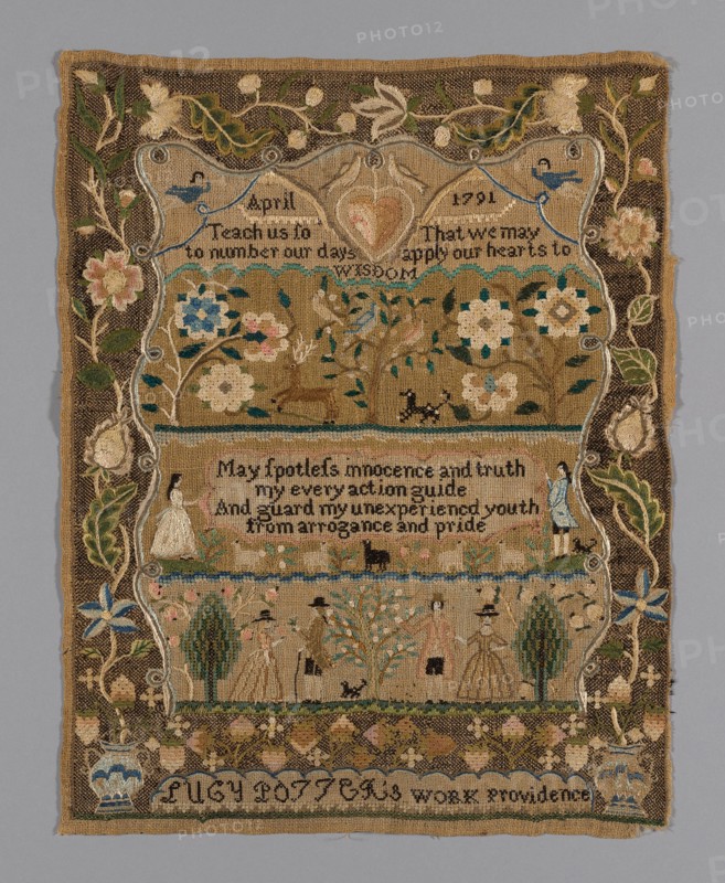 Sampler, Rhode Island, 1791. 'Teach us to number our days, That we may apply our hearts to WISDOM. May spotless innocence and truth my every action guide; And guard my unexperienced youth from arrogance and pride'.