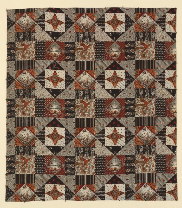 Centennial Print (Furnishing Fabric), New Hampshire, c. 1875. Floral patchwork effect design produced to celebrate the 100th anniversary of the signing of the US Declaration of Independence, with patriotic motifs: Liberty Bell and Cap, American flag, cannon, drum etc. Manufactured by Cocheco Cotton Manufacturing Company.