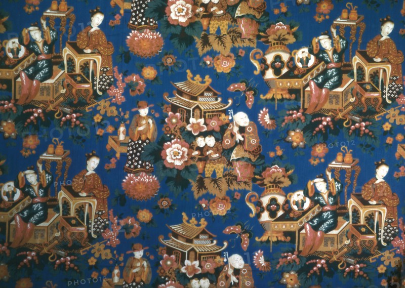A Chinese Tea Party (Furnishing Fabric), Manchester, c. 1854. Chinese-inspired design. Manufactured by Daniel Lee & Co.
