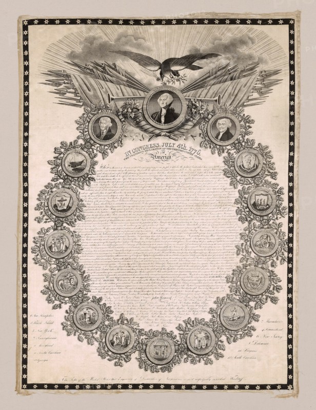 Panel (Furnishing Fabric), Lyon, 1820. 'In Congress, July 4th 1776, The Unanimous Declaration of the Thirteen United States of America', text of the US Declaration of Independence with portraits of presidents and crests of the 13 states. Manufactured by H. Brunet et Cie.