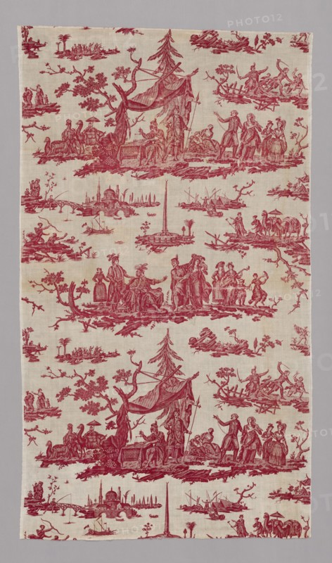 La Caravane du Caire (The Caravan from Cairo) (Furnishing Fabric), France, 1785/89. Vignettes possibly depicting the white slave trade. Manufactured by Petitpierre et Cie.