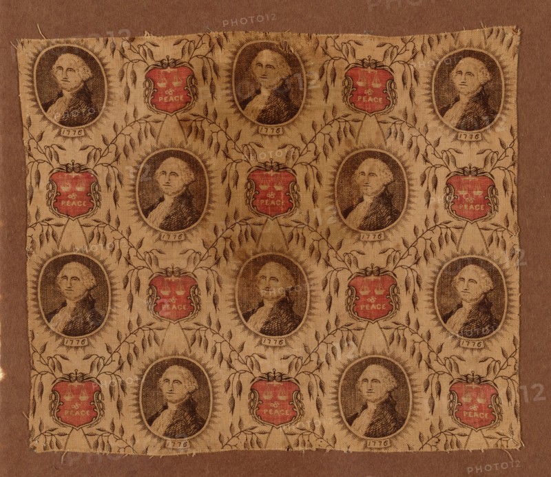 Fragment (Furnishing Fabric), Massachusetts, c. 1876. Printed with portraits of George Washington, and scales motif with the word 'Peace'.