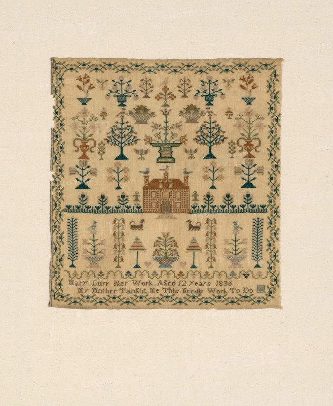 Sampler, North Carolina, 1836. 'Mary Burr Her Work Aged 12 Years 1836; My Mother Taught Me This Needle Work To Do'.