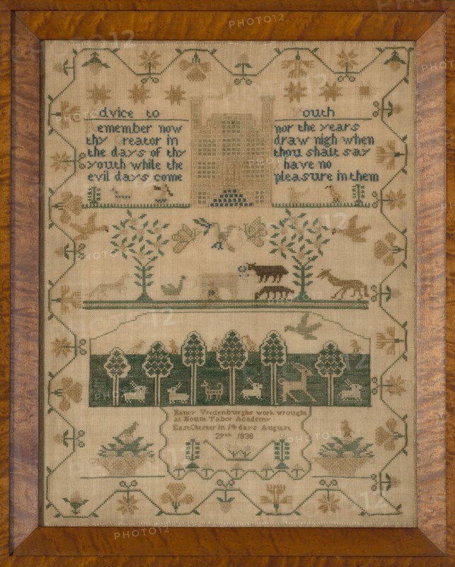 Sampler, New York, 1838. 'Advice to Youth; Remember now thy Creator in the days of thy youth while the evil days come; nor the years draw nigh when thou shalt say I hae no pleasure in them'. [Ecclesiastes 12:1]. Nancy Vredenburghs work wrought at Mount Tabor Academy East Chester in 14 days August 29th 1838'.