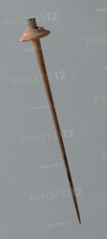 Wooden Spindle with Ceramic Whorl, Peru, 1000/1476.