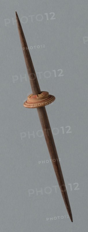 Wooden Spindle with Ceramic Whorl, Peru, 1000/1476.